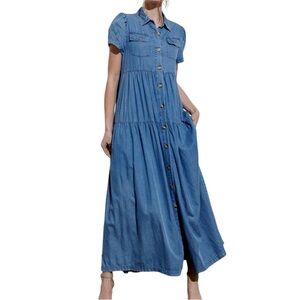 Misslook Tiered Denim Button Down Maxi Dress Size Large Country Coastal
